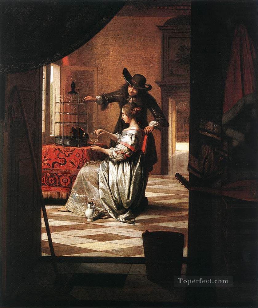 Couple with Parrot genre Pieter de Hooch Oil Paintings